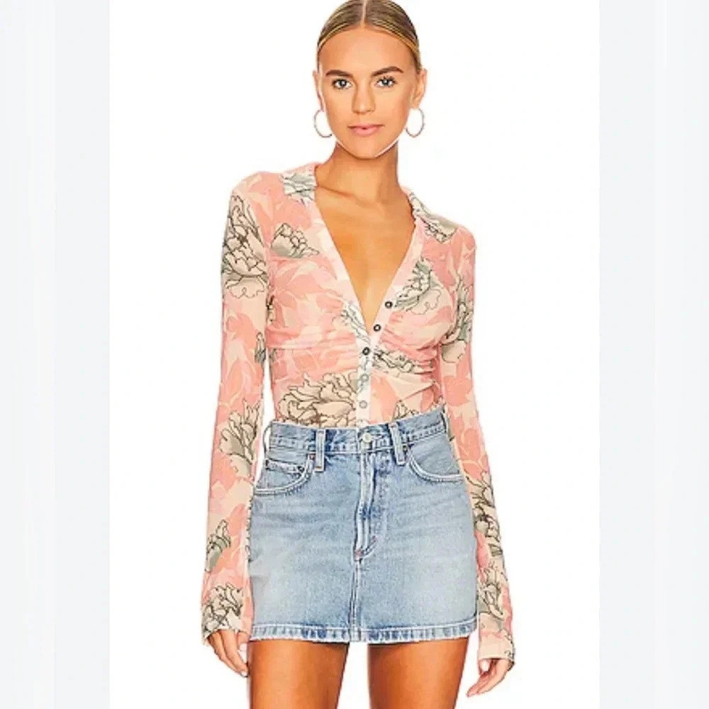 Free People Peach Floral Mesh Button-Down Top